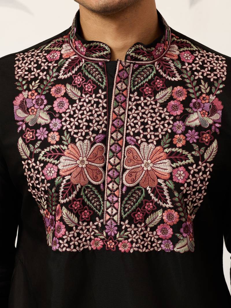 BLACK VISCOSE SILK THREAD & SEQUINS EMBROIDERED WORK FESTIVAL MARRIAGE PARTY WEAR STRAIGHT MENS KURTA WITH PANT