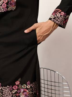 BLACK VISCOSE SILK THREAD & SEQUINS EMBROIDERED WORK FESTIVAL MARRIAGE PARTY WEAR STRAIGHT MENS KURTA WITH PANT 4