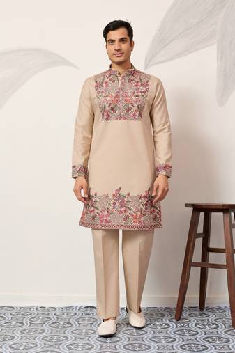 BEIGE VISCOSE SILK THREAD & SEQUINS EMBROIDERED WORK FESTIVAL MARRIAGE PARTY WEAR STRAIGHT MENS KURTA WITH PANT