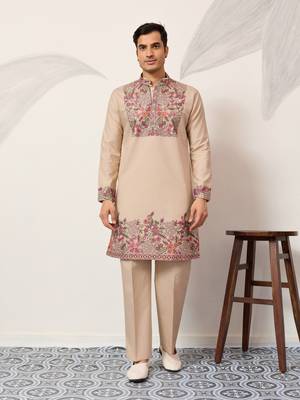BEIGE VISCOSE SILK THREAD & SEQUINS EMBROIDERED WORK FESTIVAL MARRIAGE PARTY WEAR STRAIGHT MENS KURTA WITH PANT 1