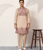 BEIGE VISCOSE SILK THREAD & SEQUINS EMBROIDERED WORK FESTIVAL MARRIAGE PARTY WEAR STRAIGHT MENS KURTA WITH PANT