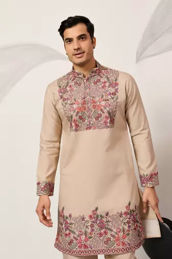 BEIGE VISCOSE SILK THREAD & SEQUINS EMBROIDERED WORK FESTIVAL MARRIAGE PARTY WEAR STRAIGHT MENS KURTA WITH PANT