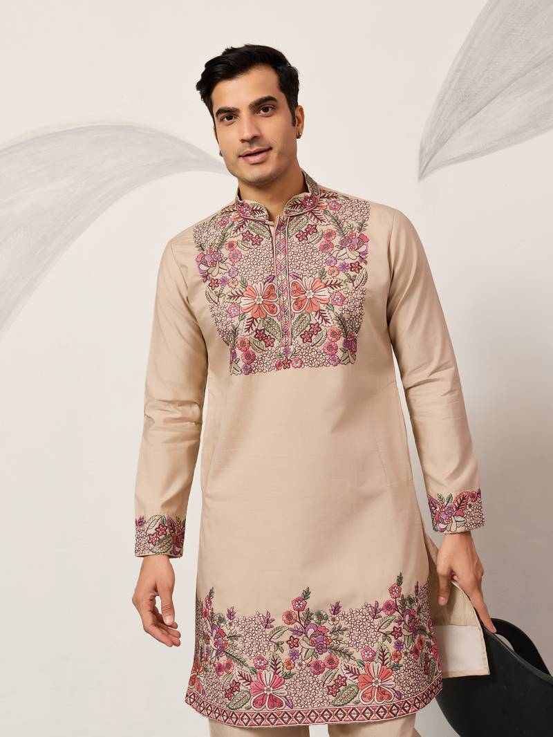 BEIGE VISCOSE SILK THREAD & SEQUINS EMBROIDERED WORK FESTIVAL MARRIAGE PARTY WEAR STRAIGHT MENS KURTA WITH PANT
