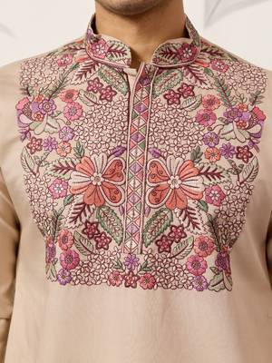 BEIGE VISCOSE SILK THREAD & SEQUINS EMBROIDERED WORK FESTIVAL MARRIAGE PARTY WEAR STRAIGHT MENS KURTA WITH PANT 3
