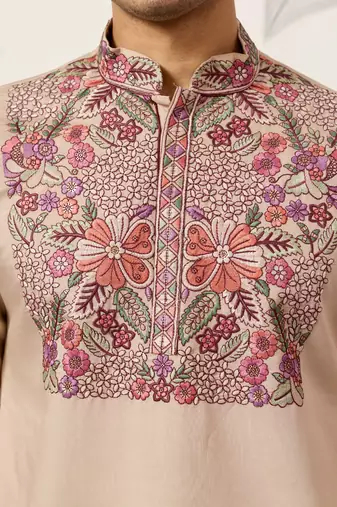 BEIGE VISCOSE SILK THREAD & SEQUINS EMBROIDERED WORK FESTIVAL MARRIAGE PARTY WEAR STRAIGHT MENS KURTA WITH PANT