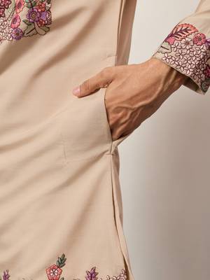 BEIGE VISCOSE SILK THREAD & SEQUINS EMBROIDERED WORK FESTIVAL MARRIAGE PARTY WEAR STRAIGHT MENS KURTA WITH PANT 4