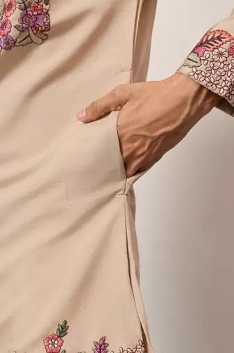 BEIGE VISCOSE SILK THREAD & SEQUINS EMBROIDERED WORK FESTIVAL MARRIAGE PARTY WEAR STRAIGHT MENS KURTA WITH PANT