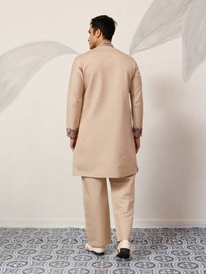 BEIGE VISCOSE SILK THREAD & SEQUINS EMBROIDERED WORK FESTIVAL MARRIAGE PARTY WEAR STRAIGHT MENS KURTA WITH PANT 5