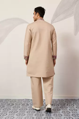 BEIGE VISCOSE SILK THREAD & SEQUINS EMBROIDERED WORK FESTIVAL MARRIAGE PARTY WEAR STRAIGHT MENS KURTA WITH PANT