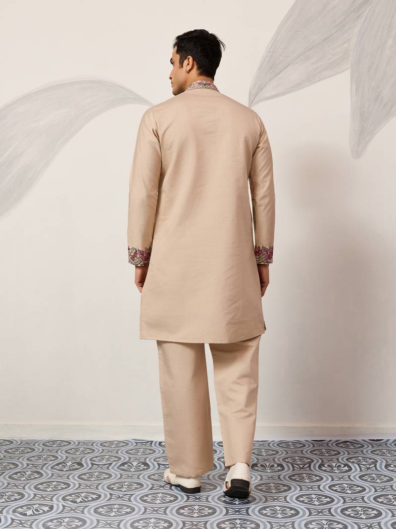 BEIGE VISCOSE SILK THREAD & SEQUINS EMBROIDERED WORK FESTIVAL MARRIAGE PARTY WEAR STRAIGHT MENS KURTA WITH PANT