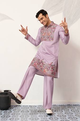 LAVENDER VISCOSE SILK THREAD & SEQUINS EMBROIDERED WORK FESTIVAL MARRIAGE PARTY WEAR STRAIGHT MENS KURTA WITH PANT
