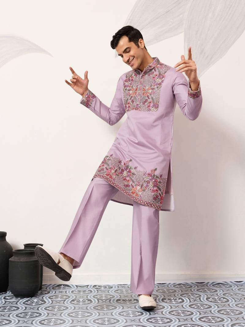 LAVENDER VISCOSE SILK THREAD & SEQUINS EMBROIDERED WORK FESTIVAL MARRIAGE PARTY WEAR STRAIGHT MENS KURTA WITH PANT