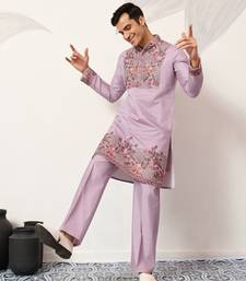 LAVENDER VISCOSE SILK THREAD & SEQUINS EMBROIDERED WORK FESTIVAL MARRIAGE PARTY WEAR STRAIGHT MENS KURTA WITH PANT