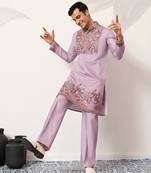 LAVENDER VISCOSE SILK THREAD & SEQUINS EMBROIDERED WORK FESTIVAL MARRIAGE PARTY WEAR STRAIGHT MENS KURTA WITH PANT