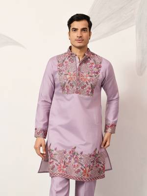 LAVENDER VISCOSE SILK THREAD & SEQUINS EMBROIDERED WORK FESTIVAL MARRIAGE PARTY WEAR STRAIGHT MENS KURTA WITH PANT 2