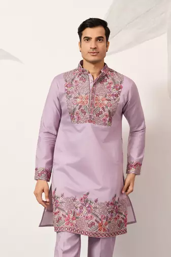 LAVENDER VISCOSE SILK THREAD & SEQUINS EMBROIDERED WORK FESTIVAL MARRIAGE PARTY WEAR STRAIGHT MENS KURTA WITH PANT