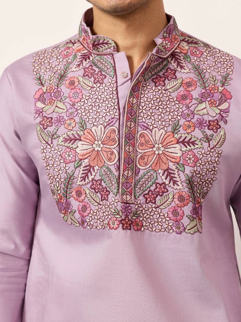 LAVENDER VISCOSE SILK THREAD & SEQUINS EMBROIDERED WORK FESTIVAL MARRIAGE PARTY WEAR STRAIGHT MENS KURTA WITH PANT