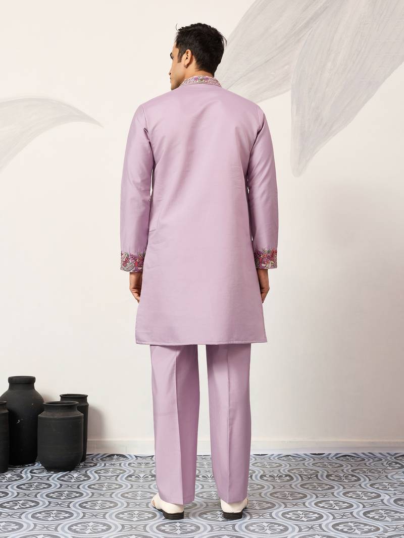 LAVENDER VISCOSE SILK THREAD & SEQUINS EMBROIDERED WORK FESTIVAL MARRIAGE PARTY WEAR STRAIGHT MENS KURTA WITH PANT