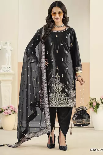 Black ice velvet semi stitched suit with embroidery work