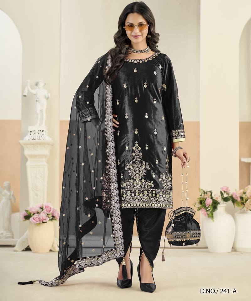 Black ice velvet semi stitched suit with embroidery work
