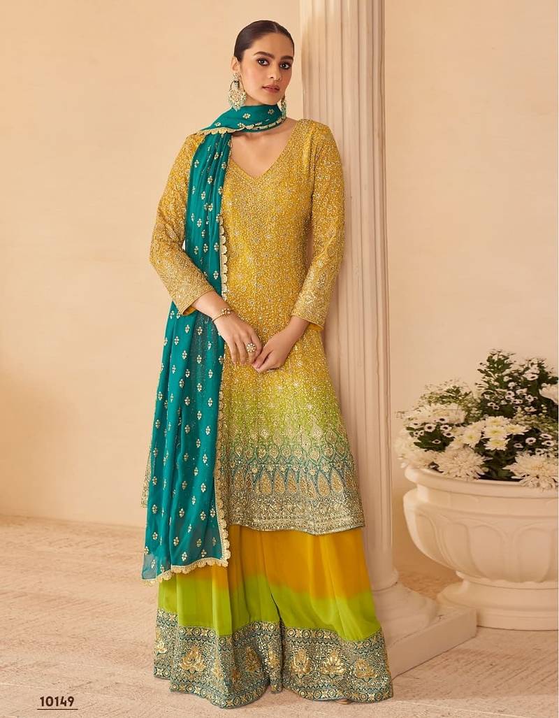 Yellow real georgette free size stitched suit with sequence & diamond work