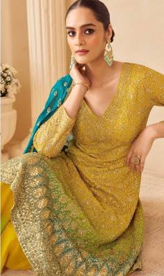 Yellow real georgette free size stitched suit with sequence & diamond work 2