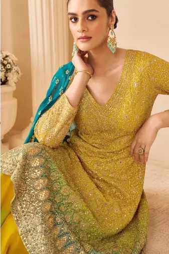 Yellow real georgette free size stitched suit with sequence & diamond work