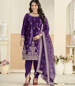 Violet ice velvet semi stitched suit with embroidery work