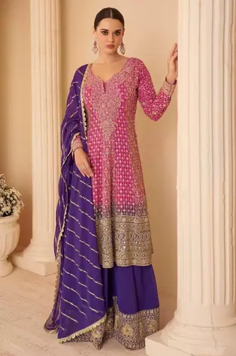 Magenta real georgette free size stitched suit with sequence & diamond work