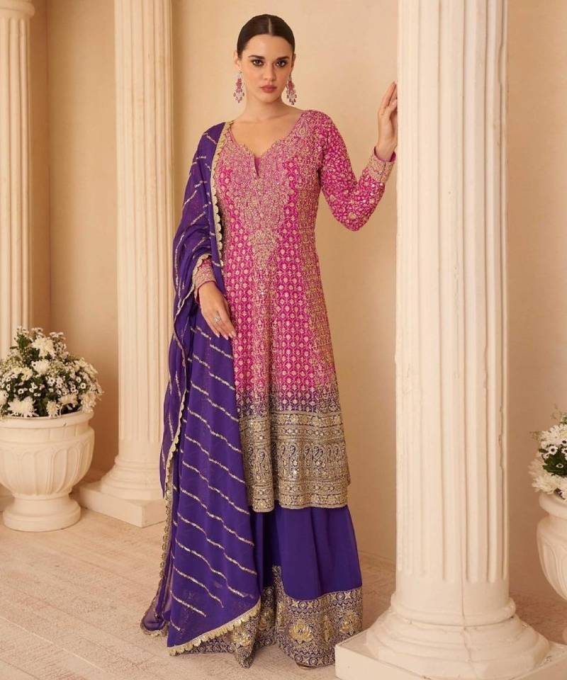 Magenta real georgette free size stitched suit with sequence & diamond work