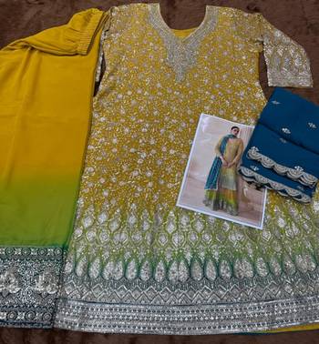 Yellow real georgette free size stitched suit with sequence & diamond work 3
