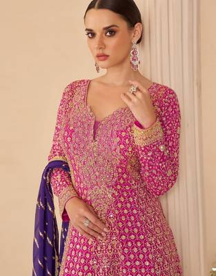 Magenta real georgette free size stitched suit with sequence & diamond work 2