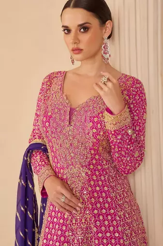 Magenta real georgette free size stitched suit with sequence & diamond work