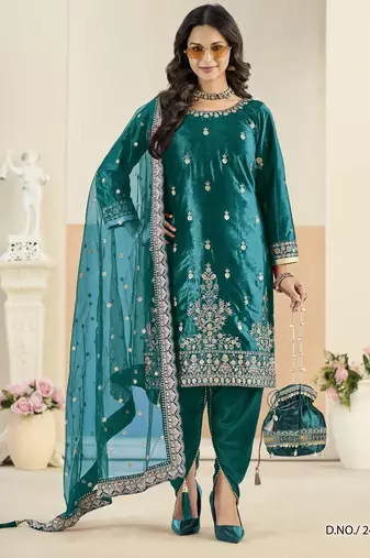Teal blue ice velvet semi stitched suit with embroidery work