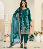 Teal blue ice velvet semi stitched suit with embroidery work