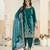 Teal blue ice velvet semi stitched suit with embroidery work