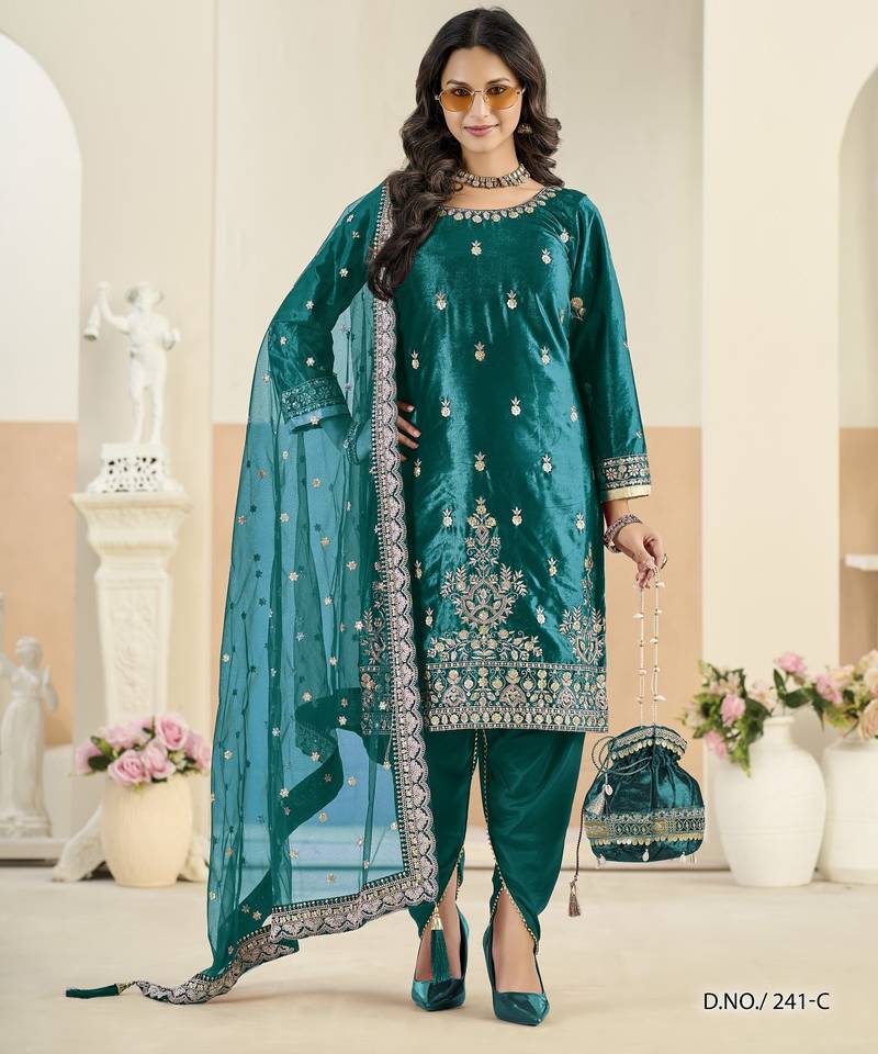 Teal blue ice velvet semi stitched suit with embroidery work