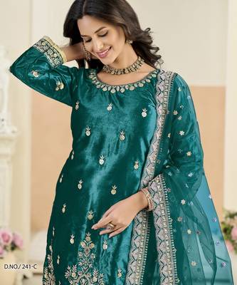 Teal blue ice velvet suit with embroidery  2