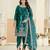 Teal blue ice velvet semi stitched suit with embroidery work