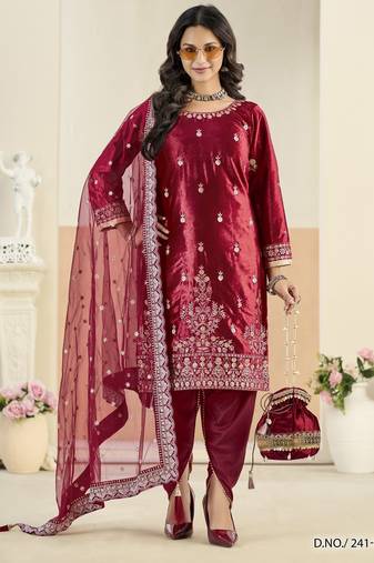 Maroon ice velvet semi stitched suit with embroidery work