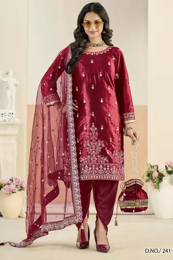 Maroon ice velvet semi stitched suit with embroidery work