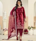 Maroon ice velvet semi stitched suit with embroidery work