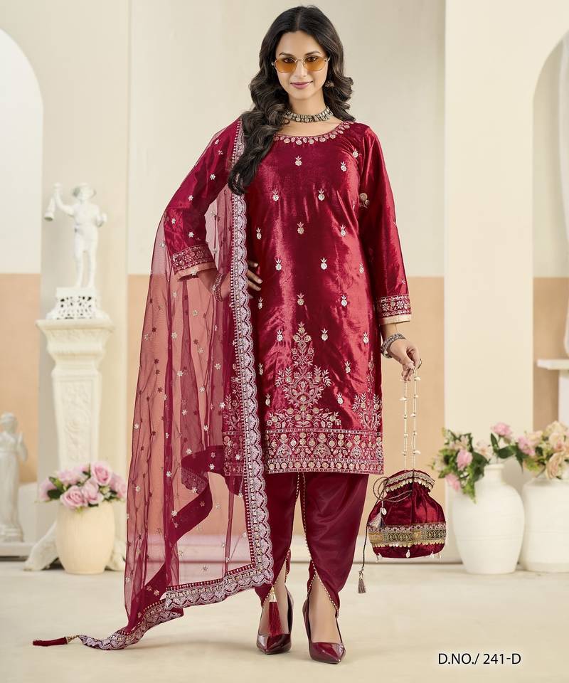 Maroon ice velvet semi stitched suit with embroidery work