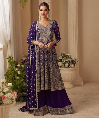 Navy real georgette free size stitched suit with sequin & diamond  1