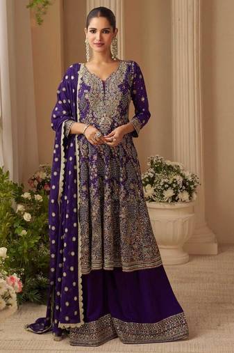 Navy real georgette free size stitched suit with sequence & diamond work