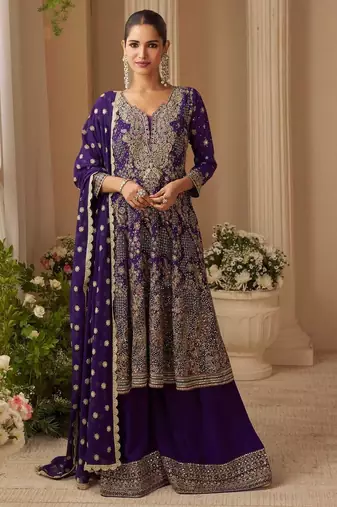 Navy real georgette free size stitched suit with sequence & diamond work