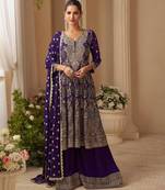 Navy real georgette free size stitched suit with sequence & diamond work