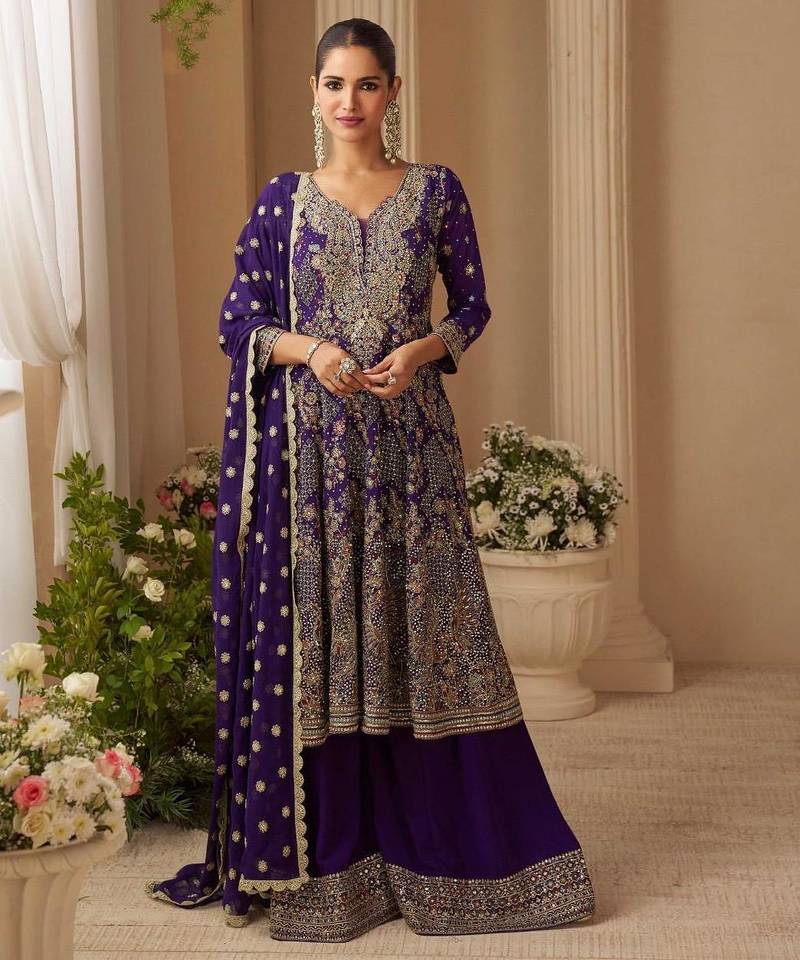 Navy real georgette free size stitched suit with sequence & diamond work
