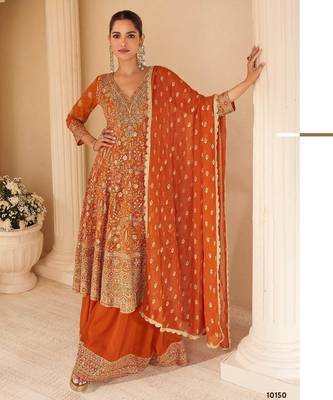 Orange real georgette free size stitched suit with sequence & diamond work 1