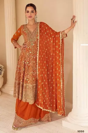 Orange real georgette free size stitched suit with sequence & diamond work